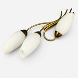 Tulip Wall Sconce, Three Light Brass Sconce with White Glass Tulip Shades — French, Mid Century
