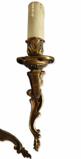 Pair of Antique Brass Wall Sconces, Rococo Style Scrolled Single Arm Sconces