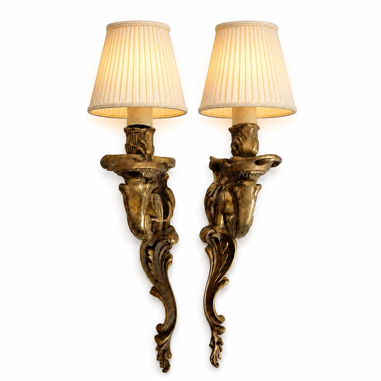 Pair of Antique Brass Wall Sconces, Rococo Style Scrolled Single Arm Sconces