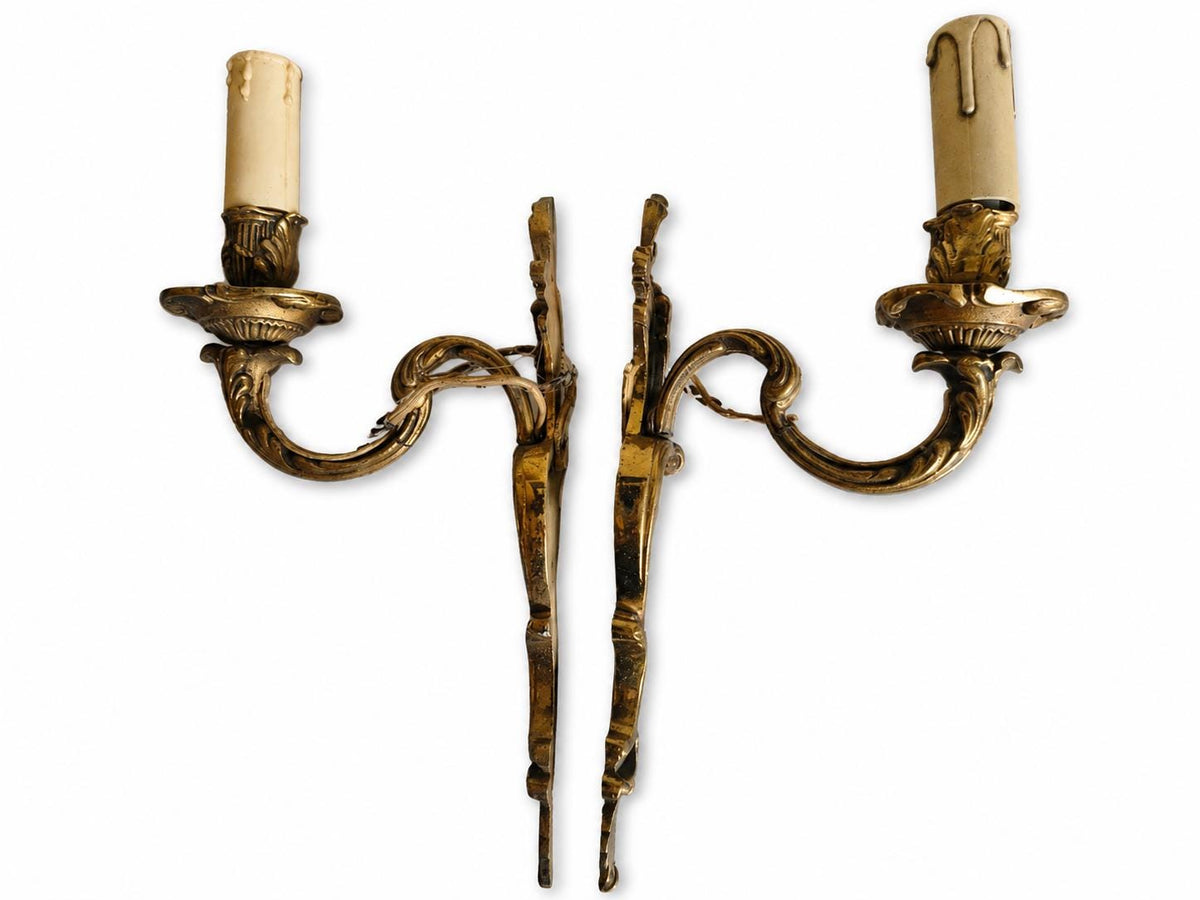 Pair of Antique Brass Wall Sconces, Rococo Style Scrolled Single Arm Sconces
