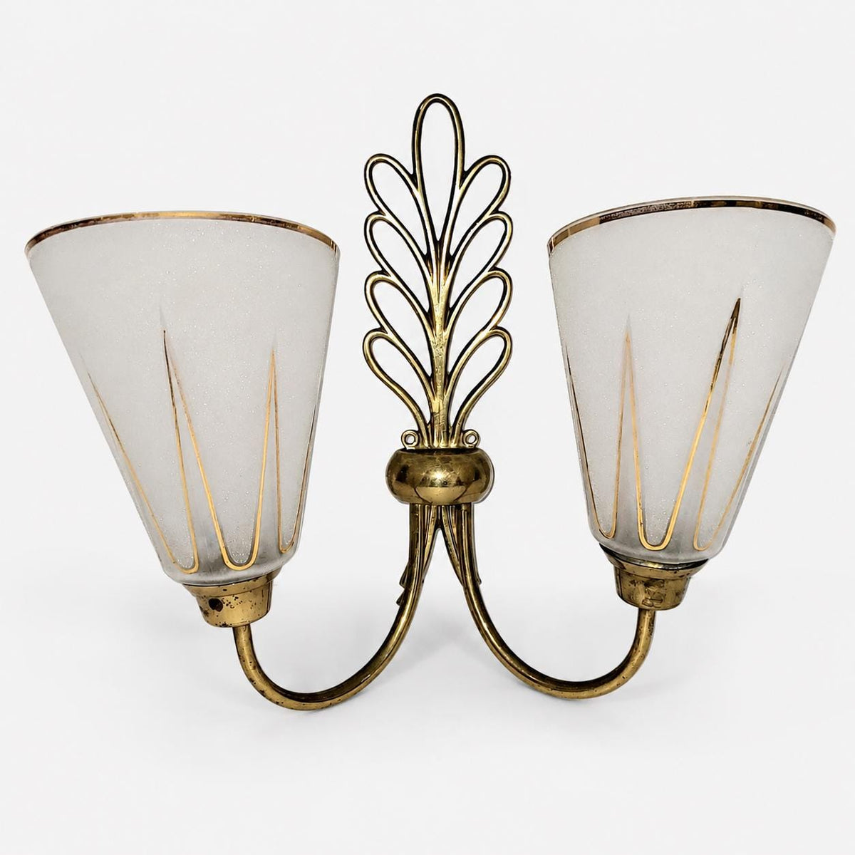 Large Double Wall Sconces Pair, Brass Leaf Sconces with Frosted Glass Cone Shades, Gold Accents — French, 1950s