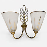 Large Double Wall Sconces Pair, Brass Leaf Sconces with Frosted Glass Cone Shades, Gold Accents — French, 1950s