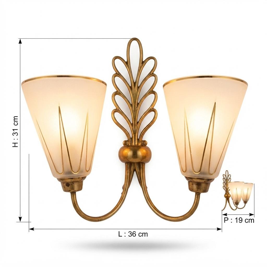 Large Double Wall Sconces Pair, Brass Leaf Sconces with Frosted Glass Cone Shades, Gold Accents — French, 1950s