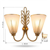 Large Double Wall Sconces Pair, Brass Leaf Sconces with Frosted Glass Cone Shades, Gold Accents — French, 1950s