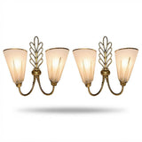 Large Double Wall Sconces Pair, Brass Leaf Sconces with Frosted Glass Cone Shades, Gold Accents — French, 1950s