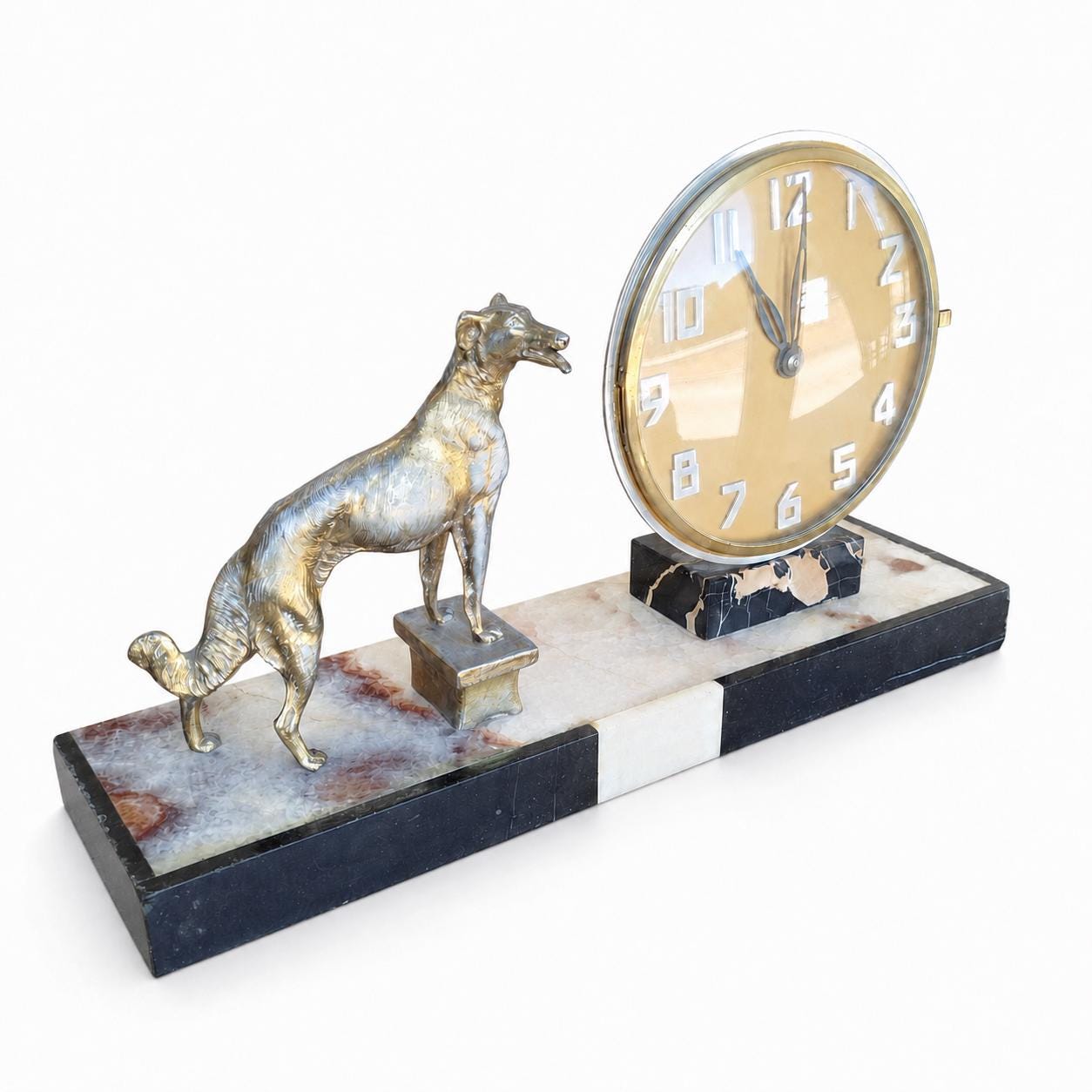 Art Deco Mantel Clock with Greyhound Figure, Marble Onyx and Régule Clock, 8-Day Mechanical Movement