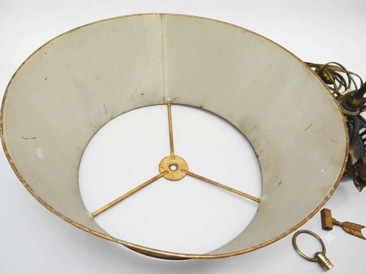 Antique Empire Style Bouillotte Lamp, Painted Tole Shade with Swan Motif, Three-Light Swan Base