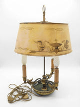 Antique Empire Style Bouillotte Lamp, Painted Tole Shade with Swan Motif, Three-Light Swan Base