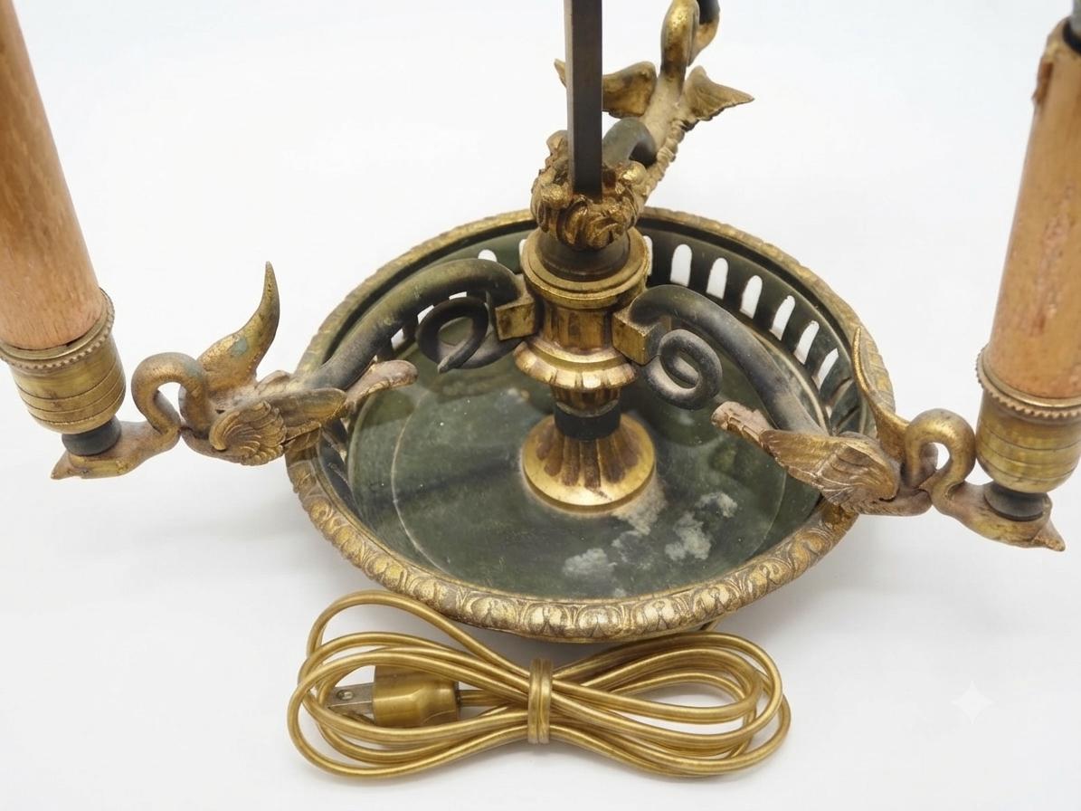 Antique Empire Style Bouillotte Lamp, Painted Tole Shade with Swan Motif, Three-Light Swan Base