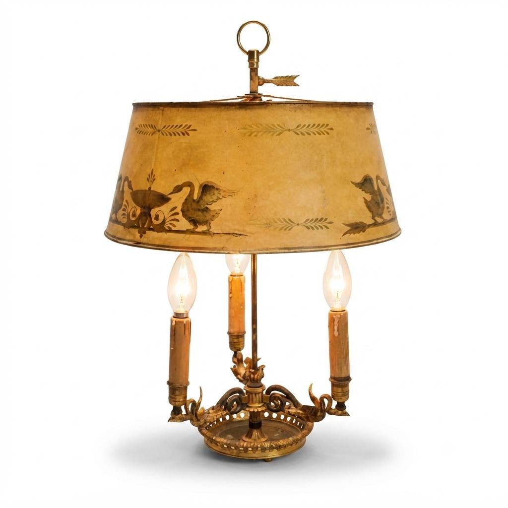 Antique Empire Style Bouillotte Lamp, Painted Tole Shade with Swan Motif, Three-Light Swan Base