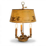 Antique Empire Style Bouillotte Lamp, Painted Tole Shade with Swan Motif, Three-Light Swan Base