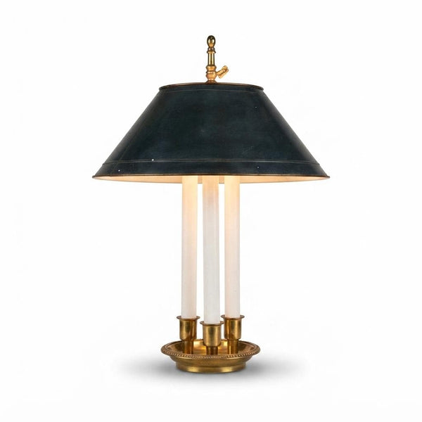 Antique Bronze Bouillotte Lamp, Green Tole Adjustable Shade, French Table Lamp