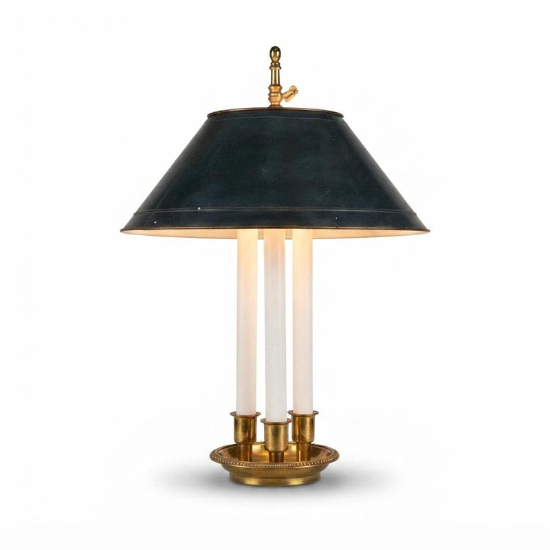 Antique Bronze Bouillotte Lamp, Green Tole Adjustable Shade, French Table Lamp
