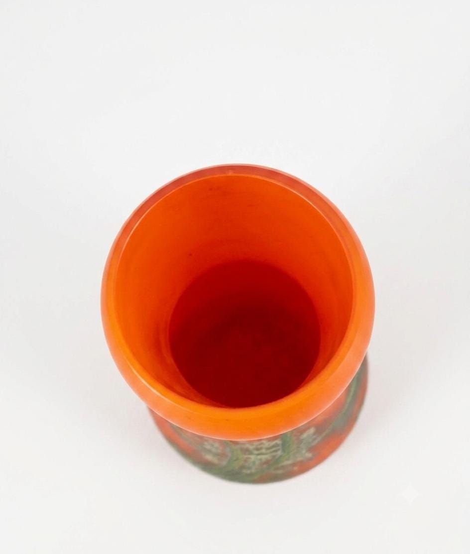 Vintage Pâte de Verre Style Vase, Hand-Painted Landscape Design in Orange and Green, 1930s-40s