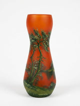 Vintage Pâte de Verre Style Vase, Hand-Painted Landscape Design in Orange and Green, 1930s-40s