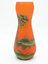 Vintage Pâte de Verre Style Vase, Hand-Painted Landscape Design in Orange and Green, 1930s-40s