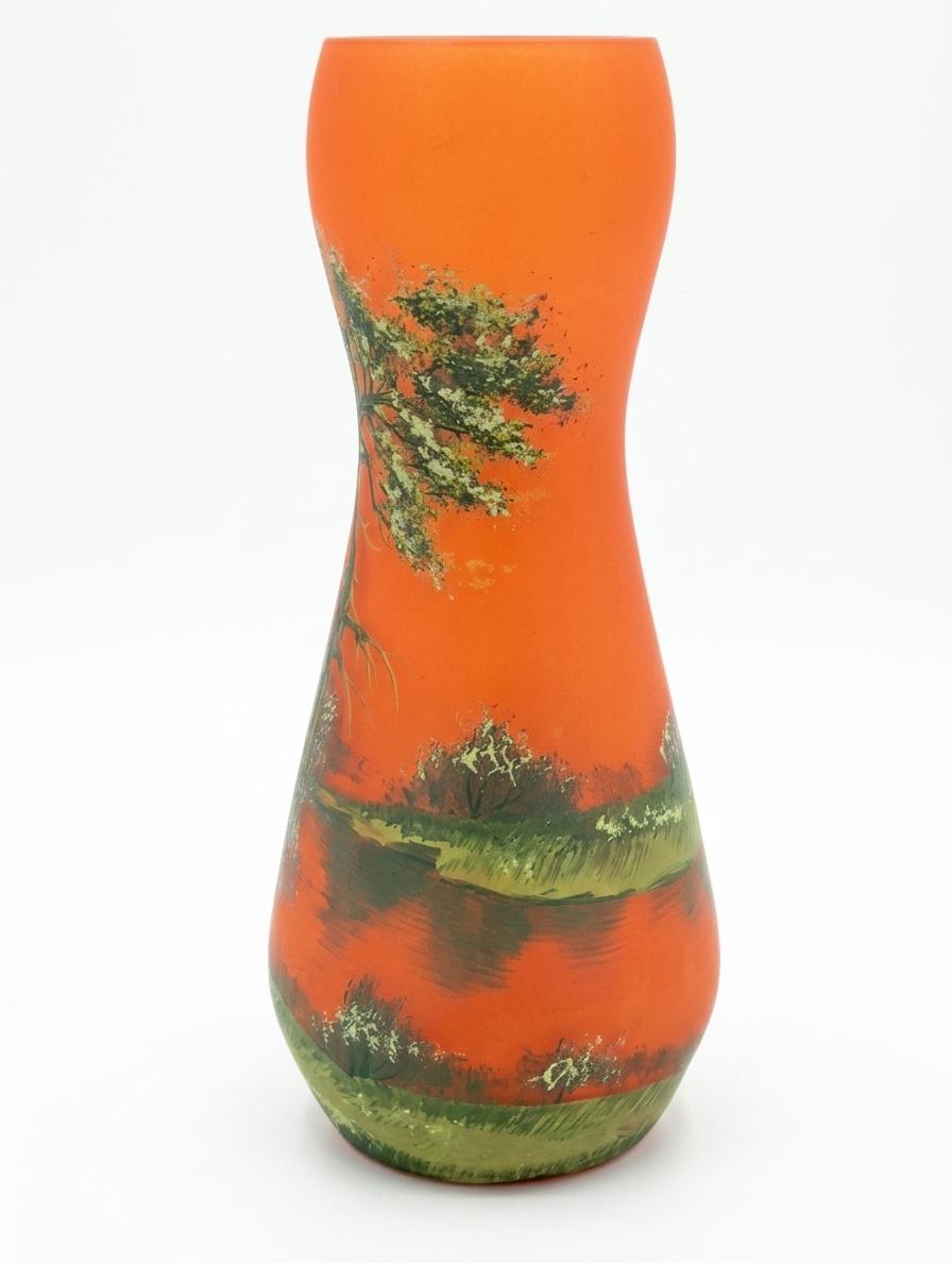 Vintage Pâte de Verre Style Vase, Hand-Painted Landscape Design in Orange and Green, 1930s-40s