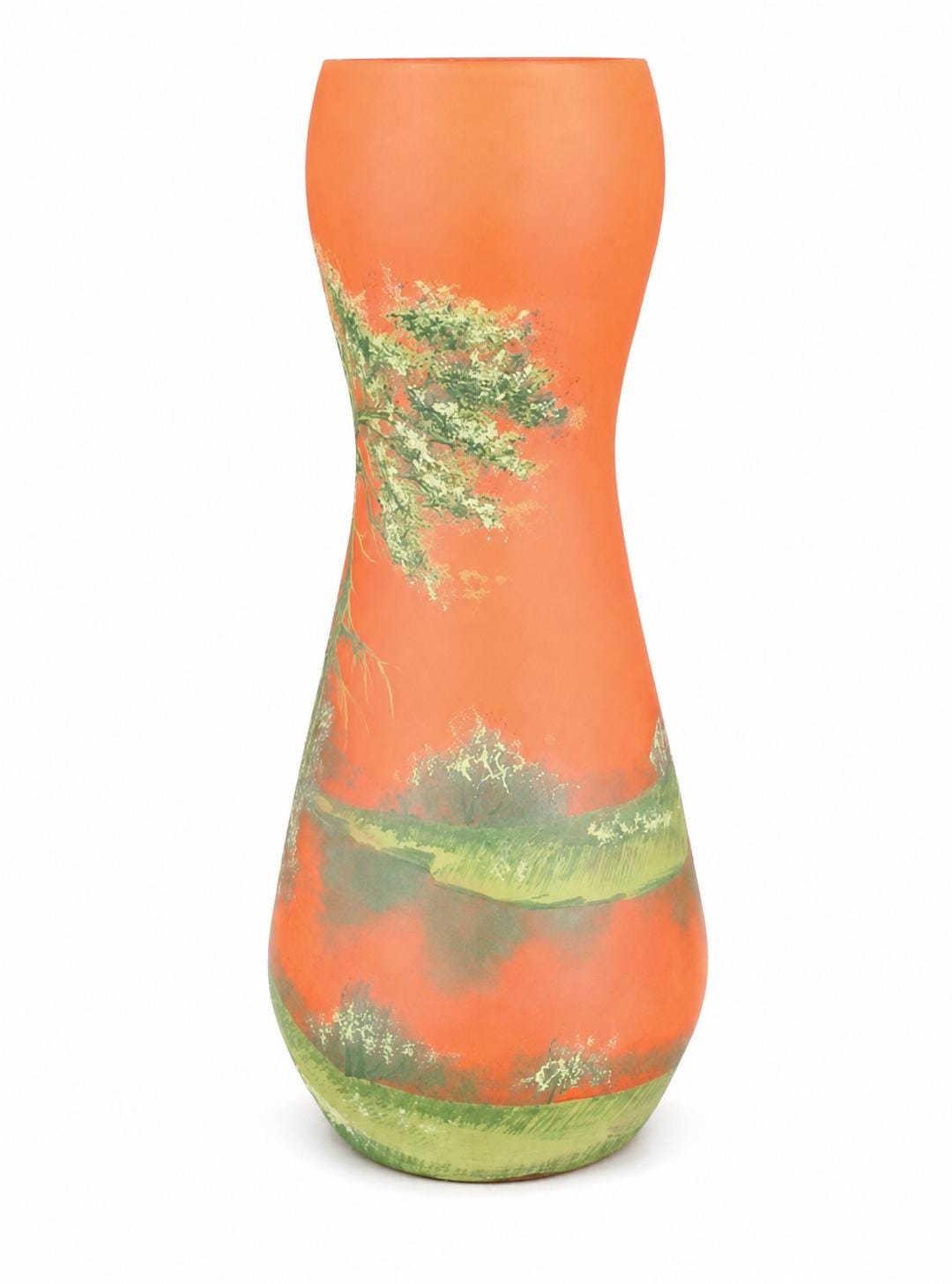 Vintage Pâte de Verre Style Vase, Hand-Painted Landscape Design in Orange and Green, 1930s-40s