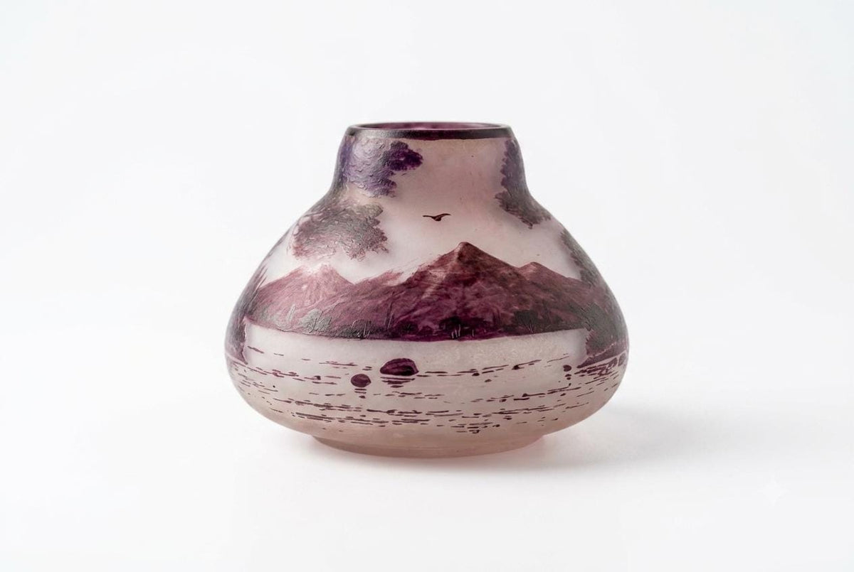 Antique Pâte de Verre Vase Signed Val, Purple Acid-Etched Lakeside Landscape, Squat Bulbous Form