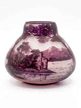 Antique Pâte de Verre Vase Signed Val, Purple Acid-Etched Lakeside Landscape, Squat Bulbous Form