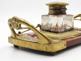 Antique Art Nouveau Bronze and Wood Inkwell, Whiplash Handle Desk Stand with Letter Opener, Circa 1900