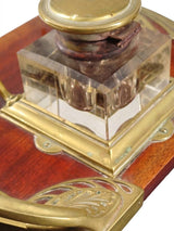 Antique Art Nouveau Bronze and Wood Inkwell, Whiplash Handle Desk Stand with Letter Opener, Circa 1900