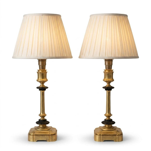 Pair of Gilt Bronze Lamp Bases, 1950s-60s French Column Lamps with Blackened Corolla Details