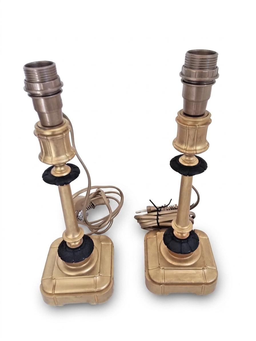 Pair of Gilt Bronze Lamp Bases, 1950s-60s French Column Lamps with Blackened Corolla Details