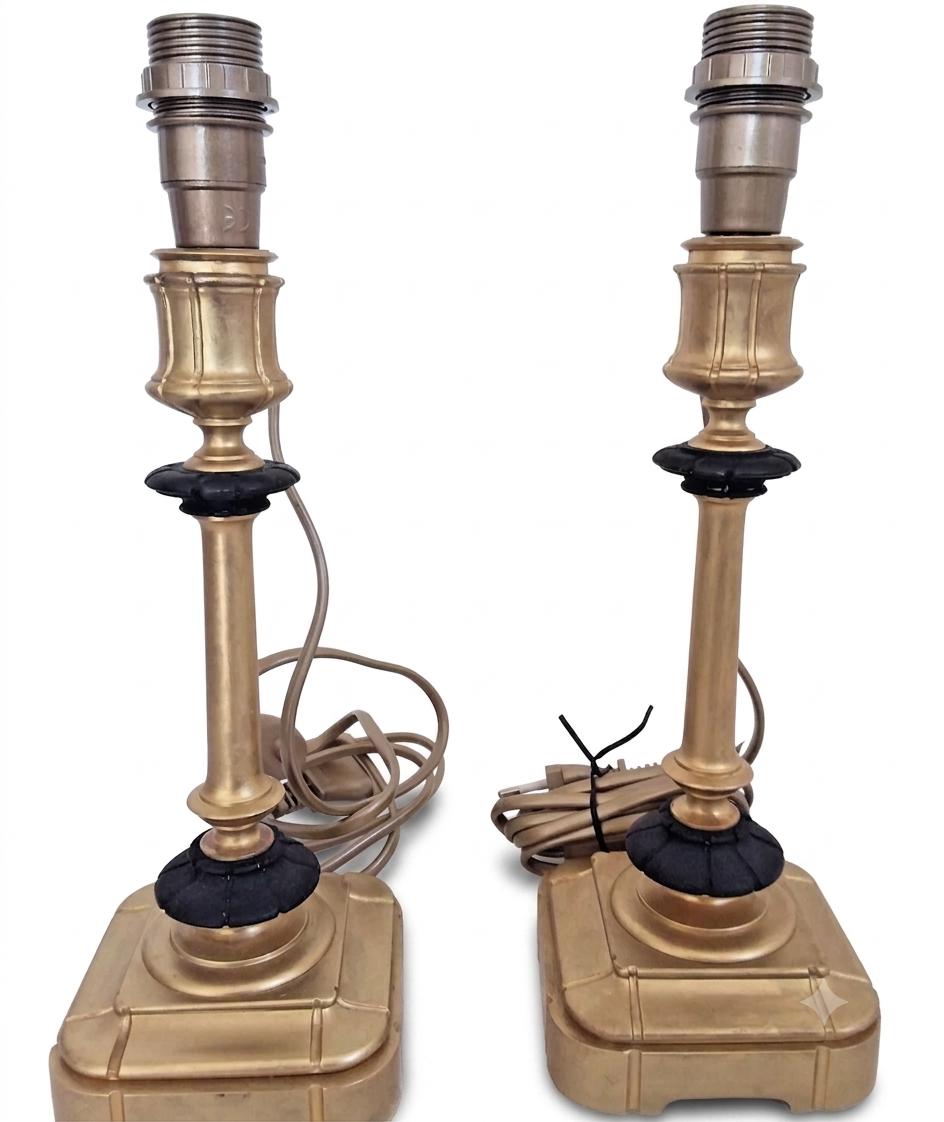 Pair of Gilt Bronze Lamp Bases, 1950s-60s French Column Lamps with Blackened Corolla Details