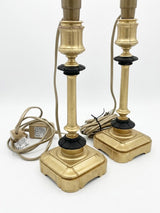 Pair of Gilt Bronze Lamp Bases, 1950s-60s French Column Lamps with Blackened Corolla Details