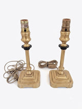 Pair of Gilt Bronze Lamp Bases, 1950s-60s French Column Lamps with Blackened Corolla Details