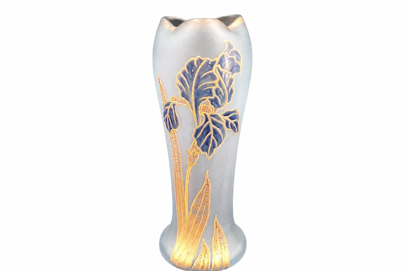 Art Nouveau Frosted Glass Vase, Enamel Iris Decoration in Blue and Gold, Possibly Montjoye