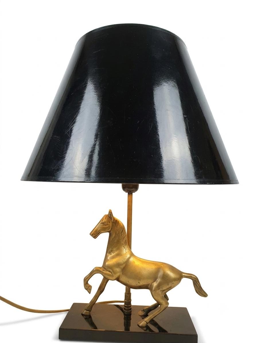 Brass Horse Table Lamp, Galloping Horse Sculpture Base, Maison Charles Style Lacquered Wood