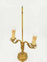 French Bronze Bouillotte Lamp, Green Crackle Tole Shade, Rococo Scrolled Arms, Circa 1960-70