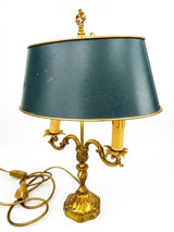 French Bronze Bouillotte Lamp, Green Crackle Tole Shade, Rococo Scrolled Arms, Circa 1960-70