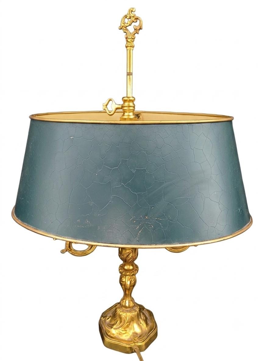 French Bronze Bouillotte Lamp, Green Crackle Tole Shade, Rococo Scrolled Arms, Circa 1960-70