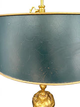French Bronze Bouillotte Lamp, Green Crackle Tole Shade, Rococo Scrolled Arms, Circa 1960-70
