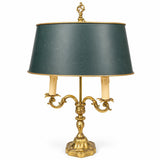 French Bronze Bouillotte Lamp, Green Crackle Tole Shade, Rococo Scrolled Arms, Circa 1960-70