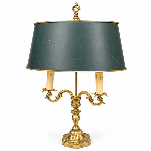 French Bronze Bouillotte Lamp, Green Crackle Tole Shade, Rococo Scrolled Arms, Circa 1960-70