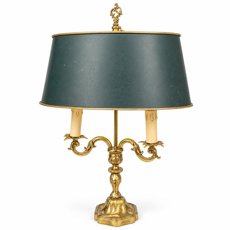 French Bronze Bouillotte Lamp, Green Crackle Tole Shade, Rococo Scrolled Arms, Circa 1960-70