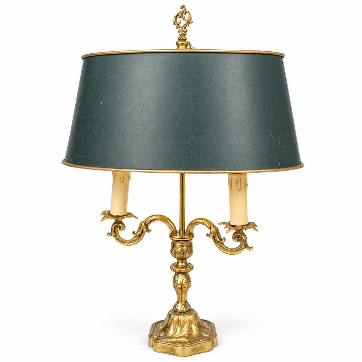 French Bronze Bouillotte Lamp, Green Crackle Tole Shade, Rococo Scrolled Arms, Circa 1960-70