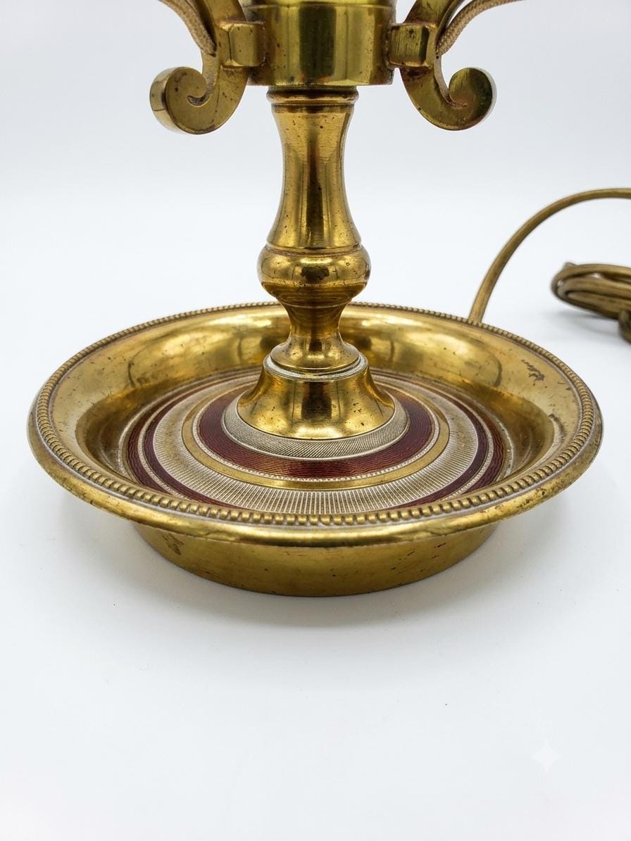 French Empire Style Three-Light Bouillotte Lamp, Brass Base and Green Tole Shade