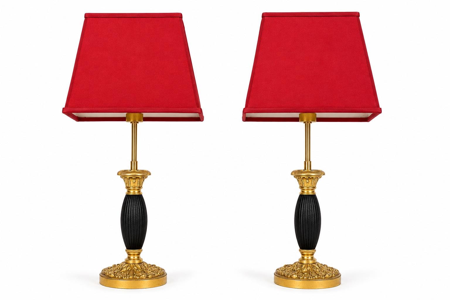 Pair of Restoration Period Gilt Bronze Candlestick Lamps, Ebonized Fluted Column, Converted to Lamps