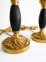 Pair of Restoration Period Gilt Bronze Candlestick Lamps, Ebonized Fluted Column, Converted to Lamps
