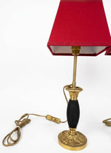 Pair of Restoration Period Gilt Bronze Candlestick Lamps, Ebonized Fluted Column, Converted to Lamps