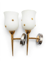 Pair of Vintage Chrome Wall Sconces, White Opaline Glass Shades with Gold Star Motif, 1960s Mid-Century