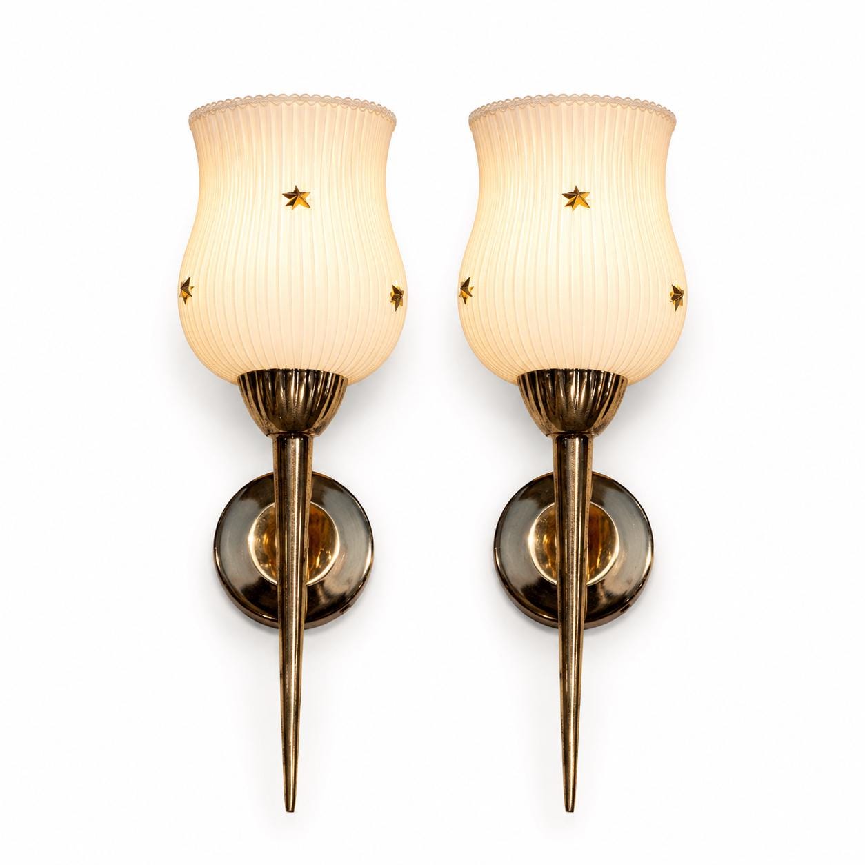 Pair of Vintage Chrome Wall Sconces, White Opaline Glass Shades with Gold Star Motif, 1960s Mid-Century