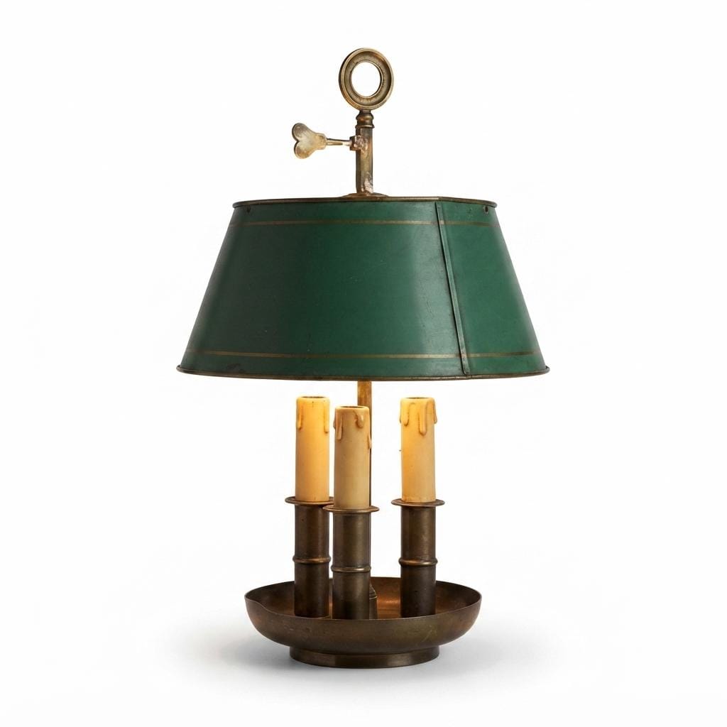 Antique French Bouillotte Lamp, Green Tole Shade with Gilt Bands, Three-Light Metal Base
