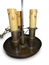 Antique French Bouillotte Lamp, Green Tole Shade with Gilt Bands, Three-Light Metal Base