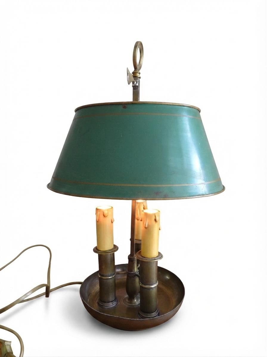 Antique French Bouillotte Lamp, Green Tole Shade with Gilt Bands, Three-Light Metal Base